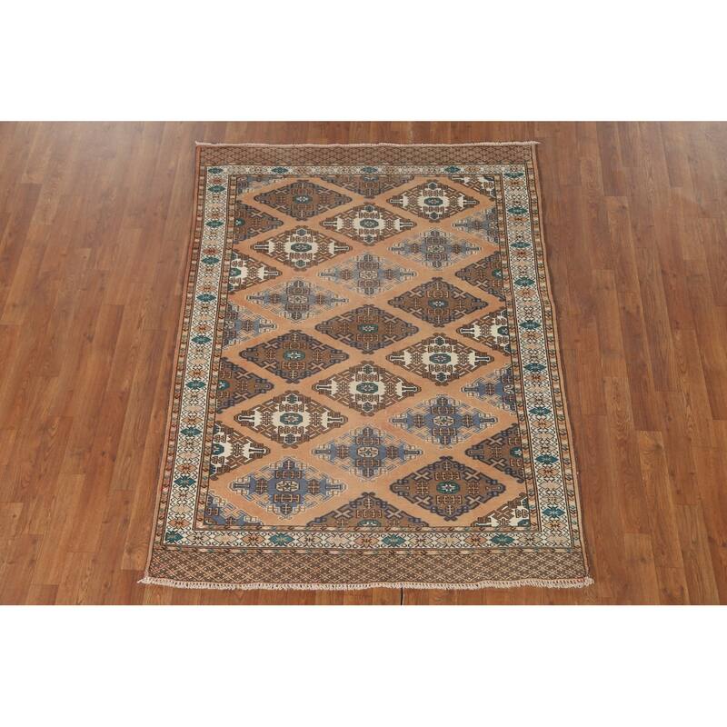 Geometric Turkoman Persian Vintage Area Rug Handmade Wool Carpet - 4'5" x 5'11"