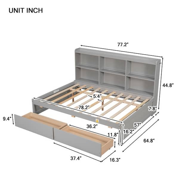 Full Size Wooden Daybed with Side Bookcase, Drawers