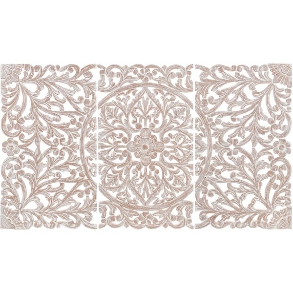 slide 2 of 12, Norma Floral Hand Carved Natural Wooden 48x28-inch 3-Panel Wall Art 28"H x 16"W, 28"H x 16"W, 28"H x 16"W