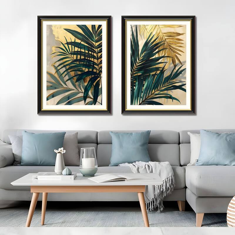 Set of 2 Tropical Palm Leaf Framed Wall Art - Replaceable Canvas Prints with Solid Wood Picture Frames, Modern Botanical - Black