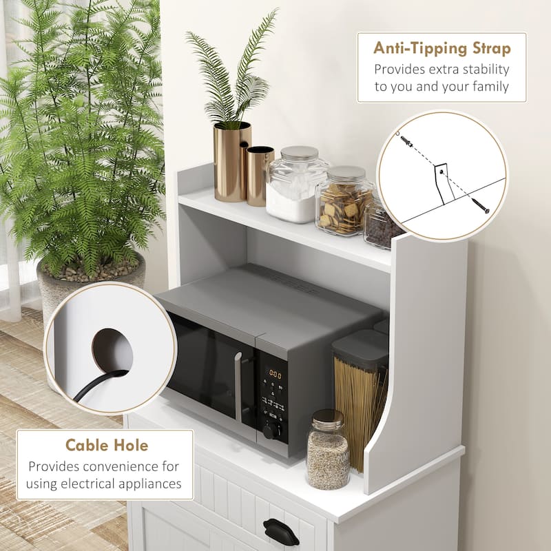 White Microwave Cabinet with Drawer and Adjustable 3 Tier Storage for Kitchen Organization - 24" W x 13.8" D x 49.4" H