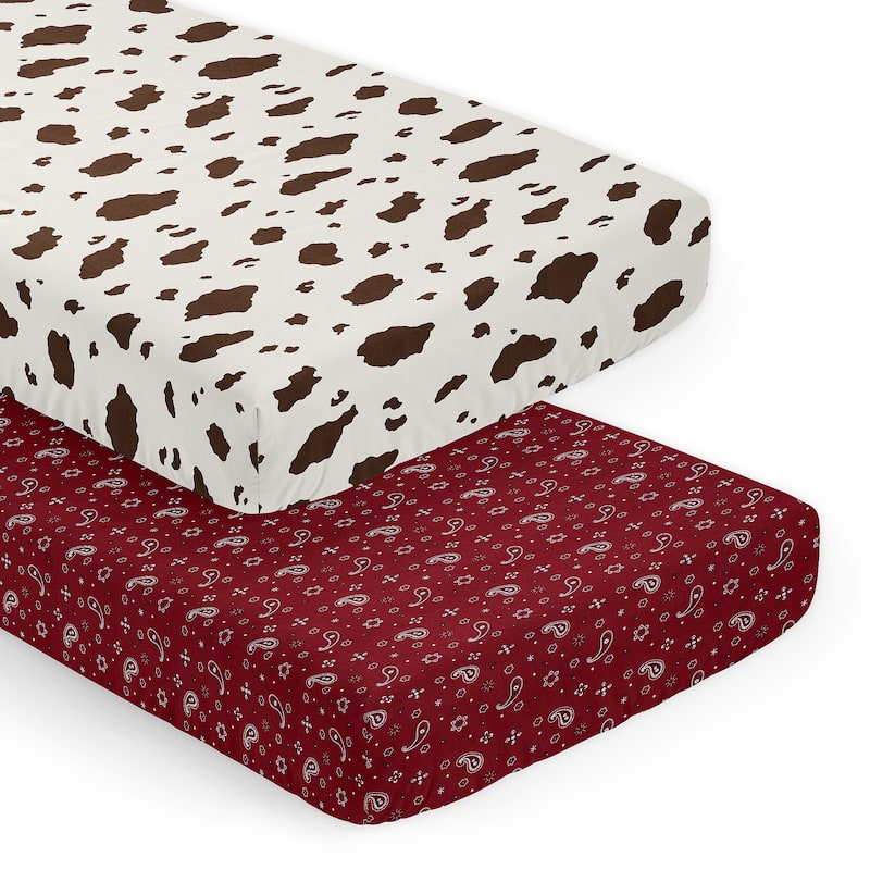 Wild West Collection Boy Girl 2 Pack Fitted Crib Sheets Gender Neutral Southern Cowboy Country Red Brown Cream Off White Animal