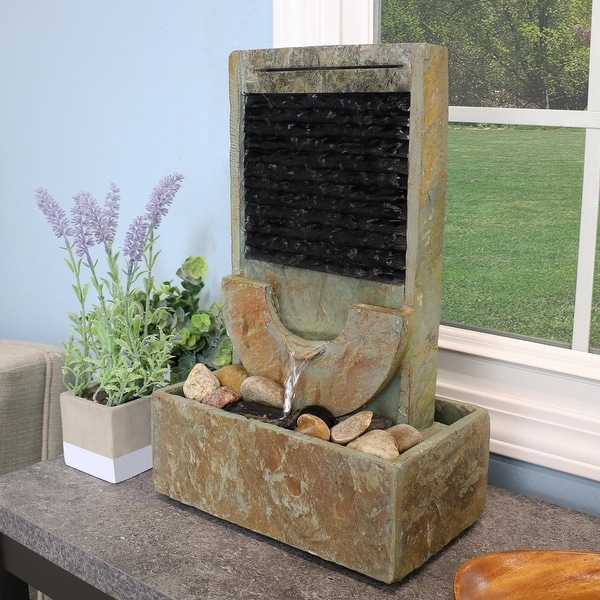 Sunnydaze Half Moon Natural Slate Indoor Tabletop Water Fountain - 16-Inch