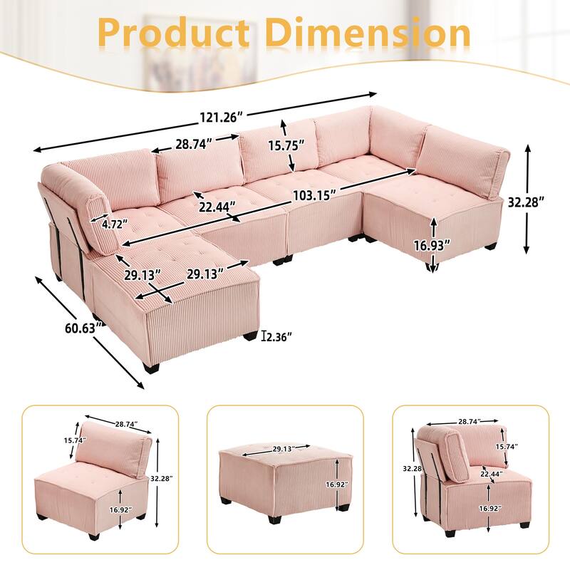 Ergonomic Lounge Modular Couch Corduroy Sectional Sofa with Deep Seat Ottoman Chaise and High-Rebound Thick Cushions