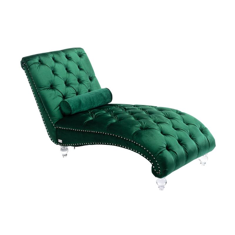 Velvet Tufted Chaise Lounge Chair Ergonomic S Shape Recliner with Pillow, Nailhead Trim and Acrylic Legs for Indoor Use