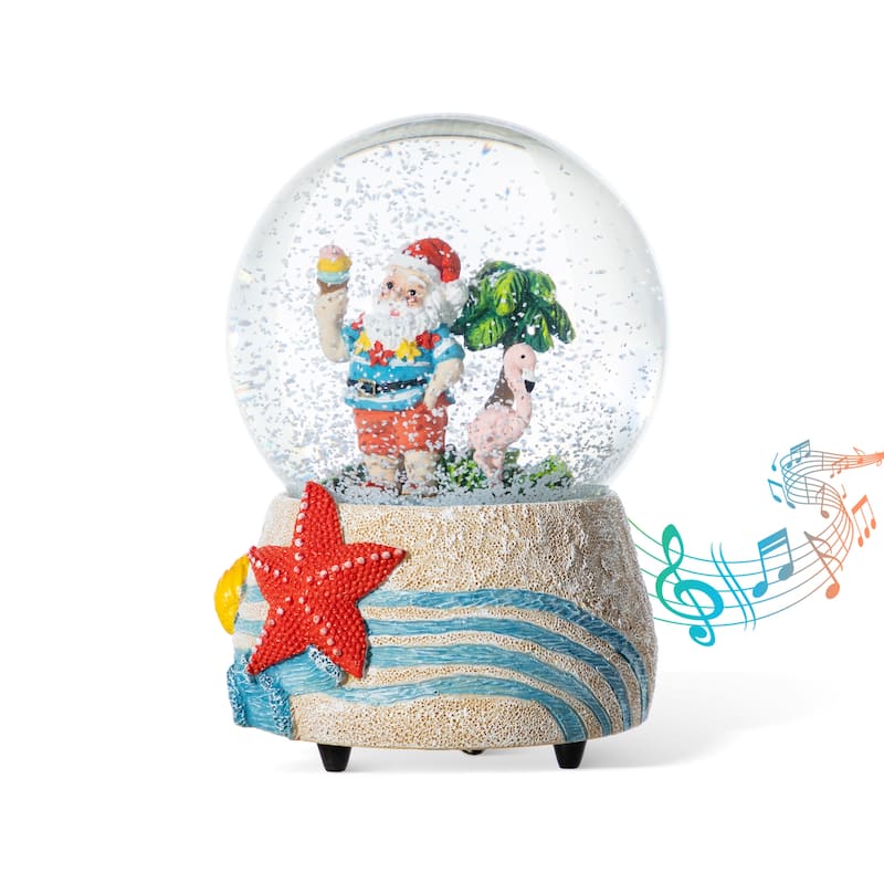 Glitzhome 100mm Christmas Resin Musical Snowflakes Santa on Vacation Waterglobe