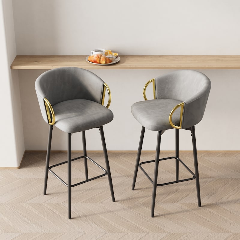 Velvet Bar Chair Set of 2, 360° Swivel Bar Chairs with Metal Legs, Upholstered Counter Height Bar Chairs w/Anti Slip Pads