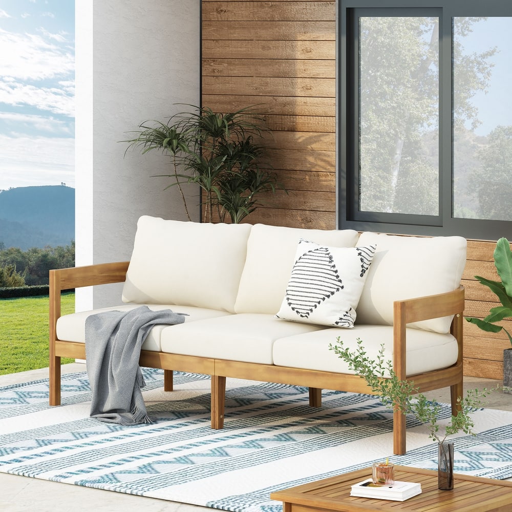 Brooklyn Outdoor Acacia Wood 3-Seater Sofa with Water-Resistant Cushions by Christopher Knight Home