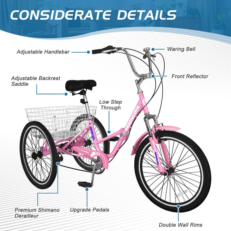 DoCred Adult Folding Tricycle, 7 Speed 3-Wheel Bicycle with Basket