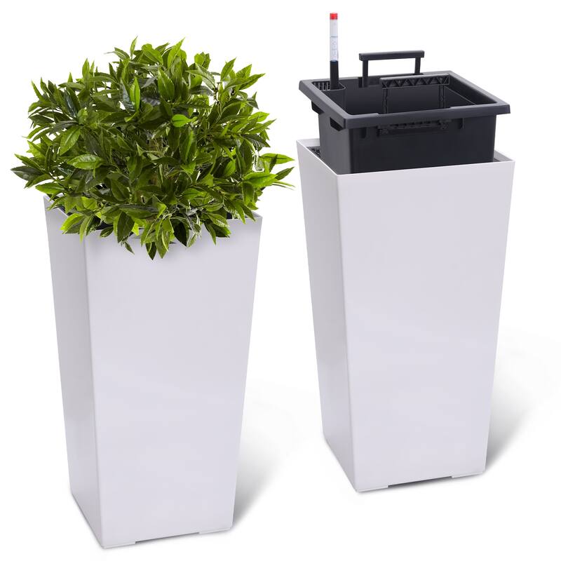 2PCS Garden Decor 22.5" Tall Indoor Outdoor Planters with Water Level Monitor - White