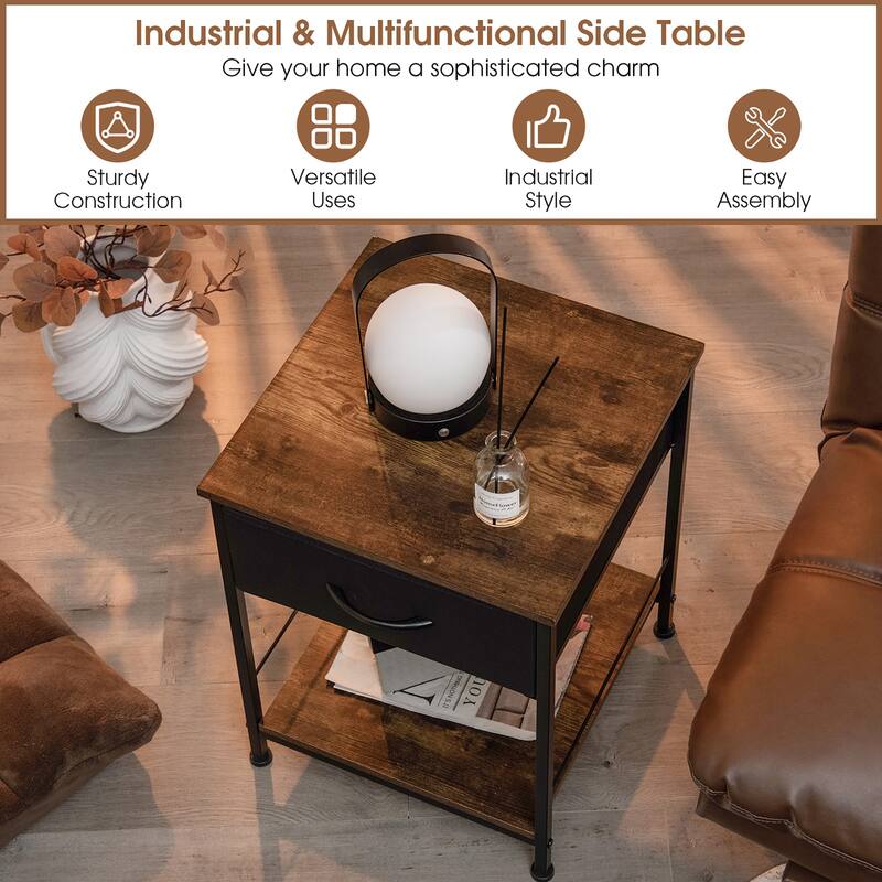 Costway 2 PCS 2-tier Nightstand Bedside End Sofa Table with Drawer - 16'' x 16'' x 21'' (L x W x H)