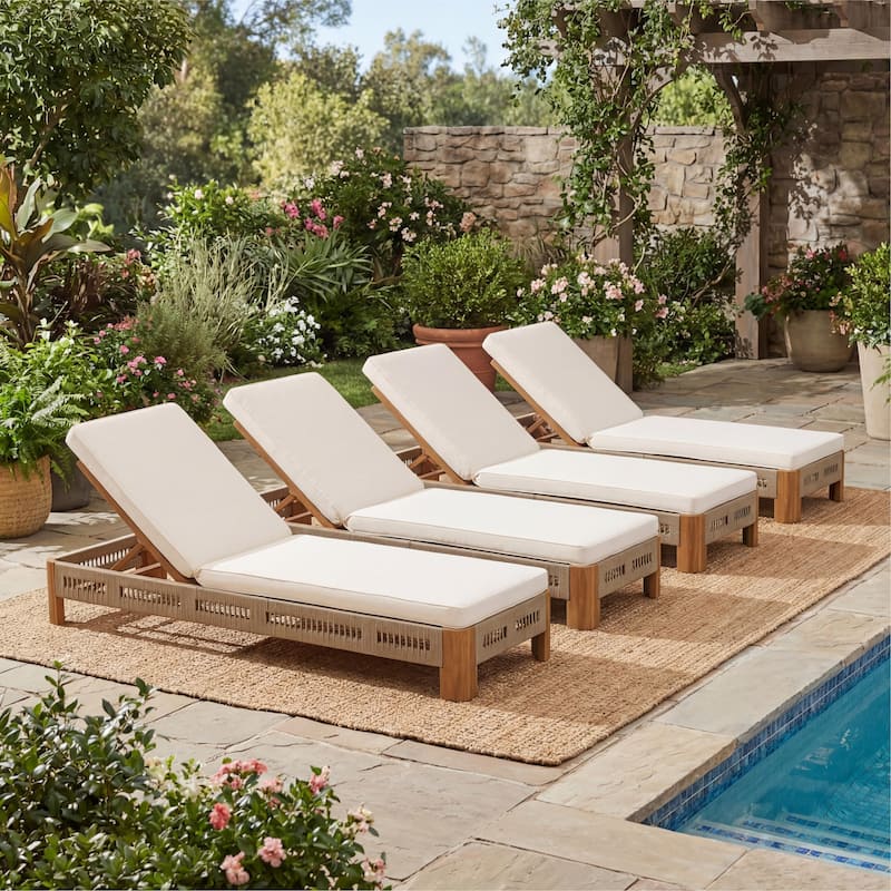 Christopher Knight Home - Ellery Acacia Wood Outdoor Adjustable Chaise Lounge with Cushion & Handwoven Rope Accents - Set of 4+Teak Finish+Grey+Cream