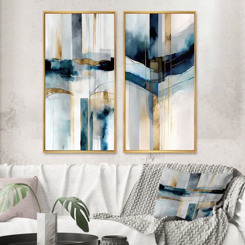 Designart "Abstract Transitional Modern Shapes" Abstract Shapes Framed Wall Art Set Of 2 - Blue Wall Art Set Of 2