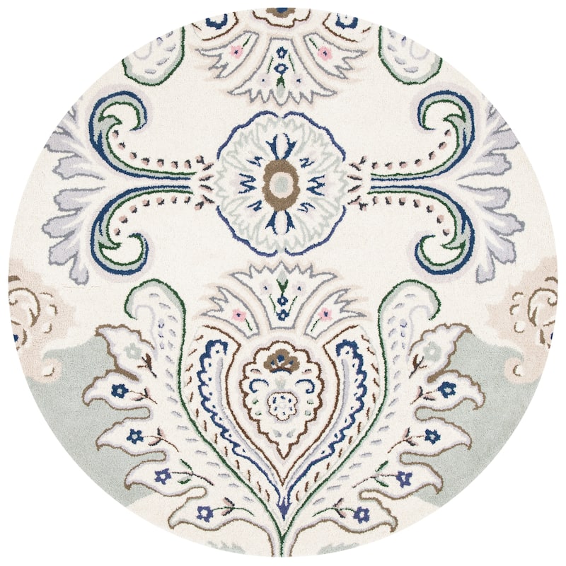 SAFAVIEH Handmade Bella Manjulata Floral Wool Rug - 5' Round - Ivory/Blue