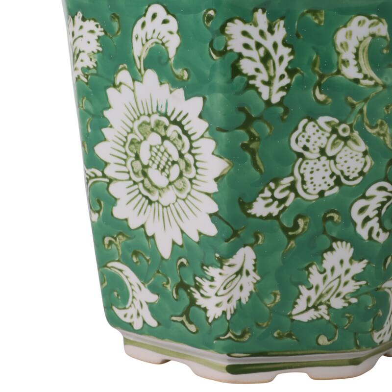 Ceramic Planters With Floral Embossing - Set of 2, Green