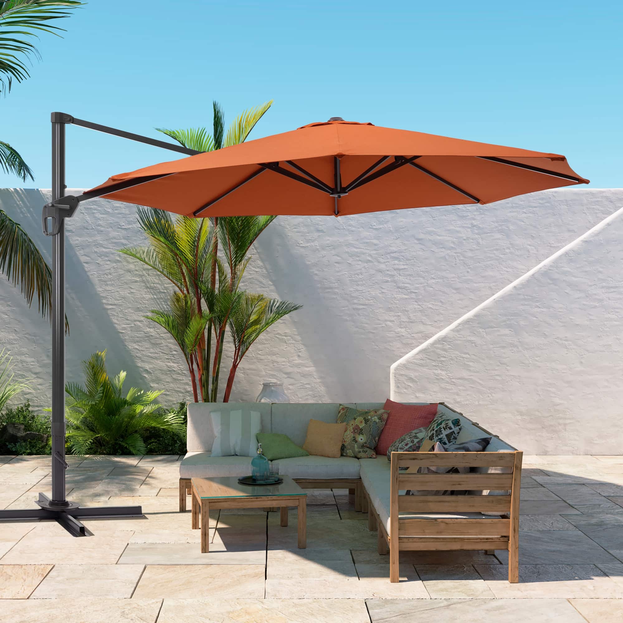 cantilever led patio umbrella in rust color Outdoor Transform your outdoor space into a haven of style and comfort with our 11FT Patio Offset Umbrella BONOSUKI 11FT LED Cantilever Patio