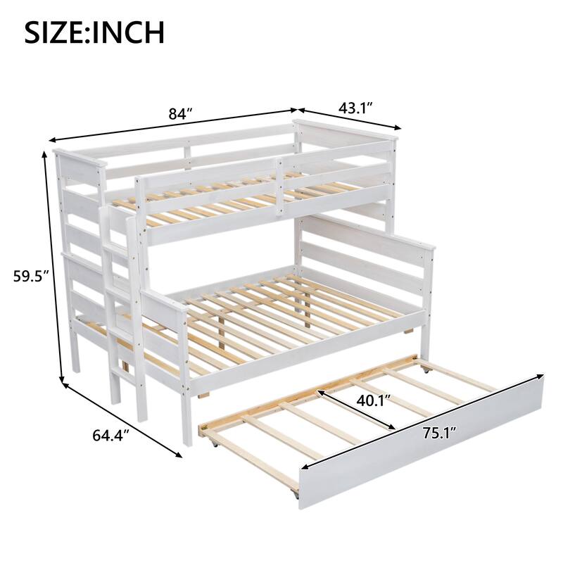 Wood Twin over Full Bunk Bed with Twin Size Trundle and Guard Rails