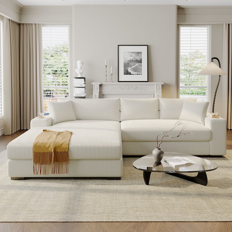 Large Sectional Sofa, Beige Corduroy, 112x59x32 inches, 175 lbs