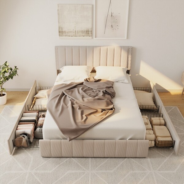 Full/ Queen Platform Bed Frame with 4 Storage Drawers