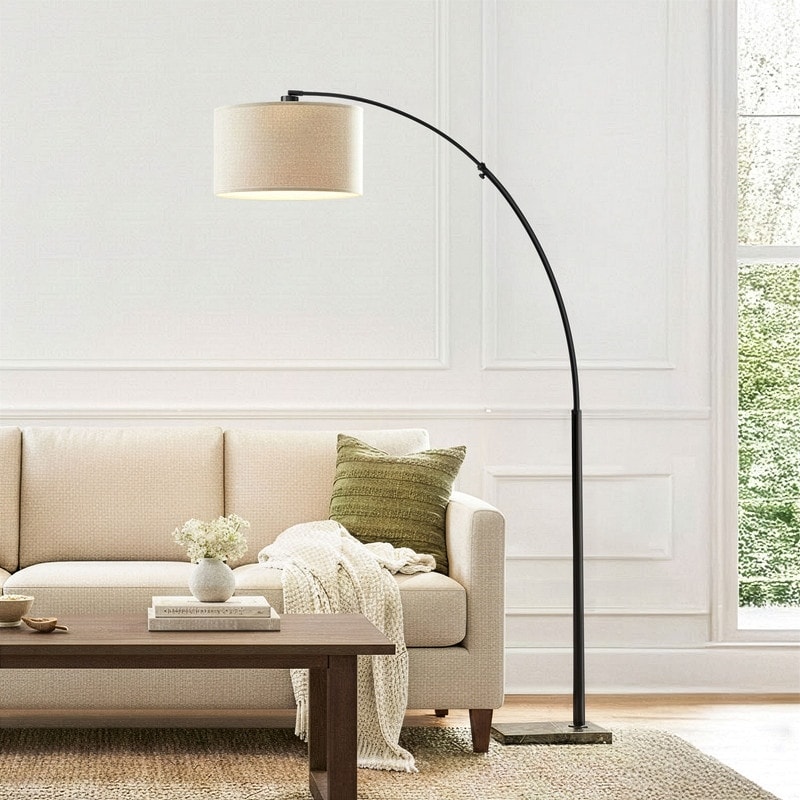 Brightech Logan 76 in. Classic Black Modern Adjustable and Extendable LED Floor Lamp with Beige Fabric Drum Shade
