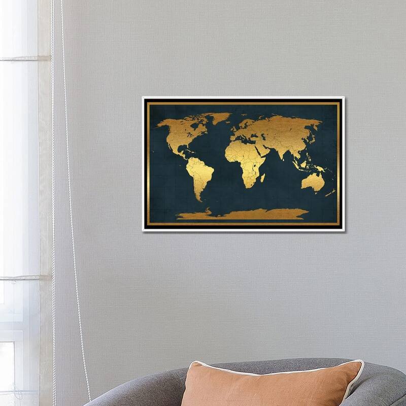 iCanvas "World Map Vintage Style Black Gold" by WallDecorAddict Framed Canvas Print