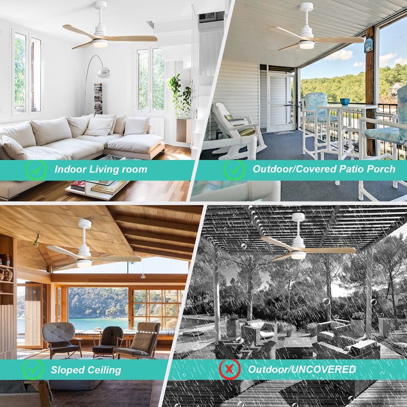 52" Solid Wood Noiseless 3-Blade Ceiling Fans with Dimmable LED Light Optional and Remote, 6-Speed Reversible DC Motor