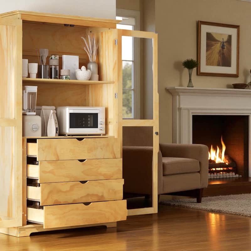 75" Solid Pine Wood Kitchen Pantry Cabinet with Glass Doors and 4 Drawers, Freestanding Storage Display Cabinet for Dining Room