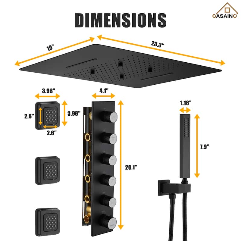Luxury Thermostatic Shower System 5-Spray Patterns 20"x24" Ceiling Mount Fixed and Handheld Shower Head with 3 Body Sprayer Jets