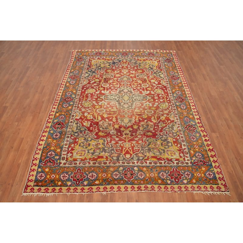 Hand Knotted Oriental 100% Wool Carpet Transitional Floral Oranges & Rust Oushak Area Rug - 9' 0'' X 6' 9''