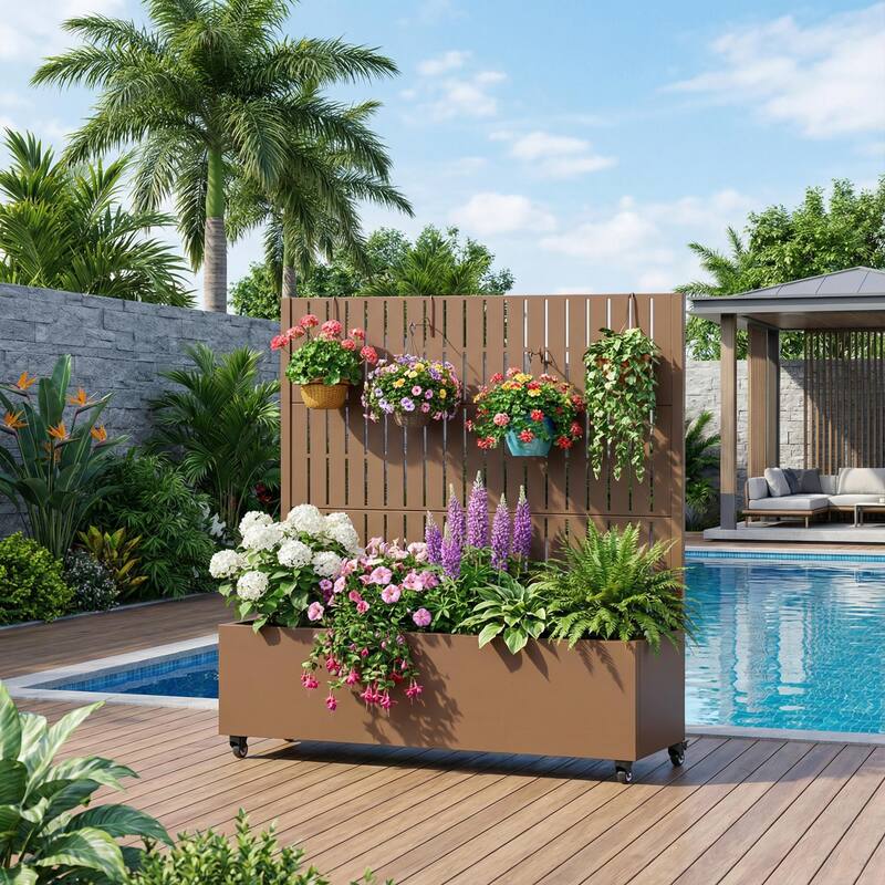 Raised Garden Bed Planter with Trellis Movable Planter Box with Lockable Wheels