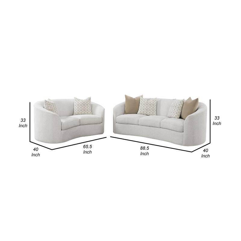 Tia 2pc Living Room Sofa Set with 6 Accent Pillows, White Boucle
