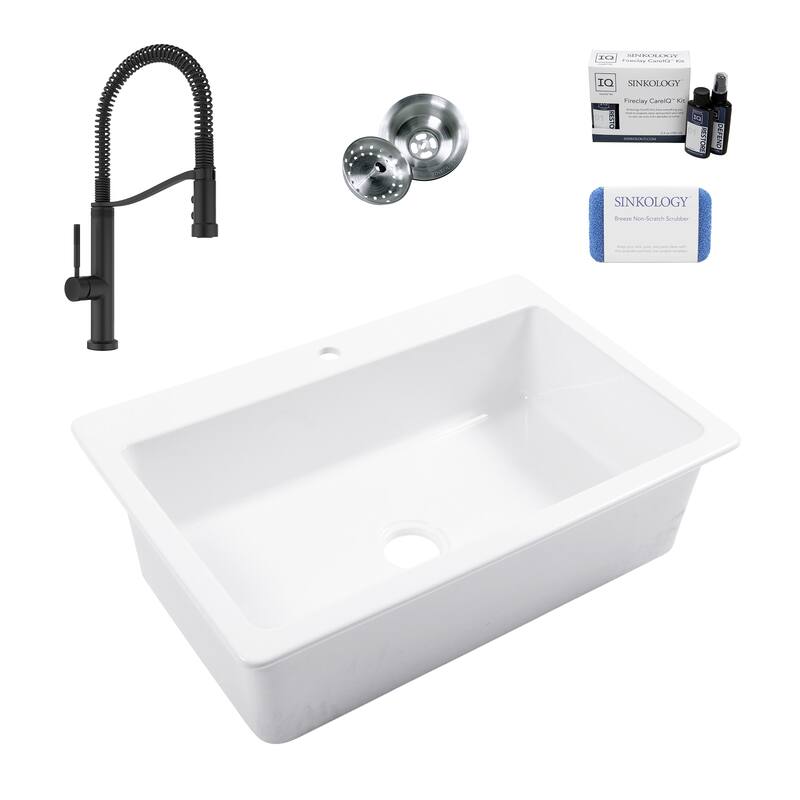 Jackson Crisp White Fireclay 33" Single Bowl Drop-In Kitchen Sink (1 Hole) with Bruton Black Faucet Kit