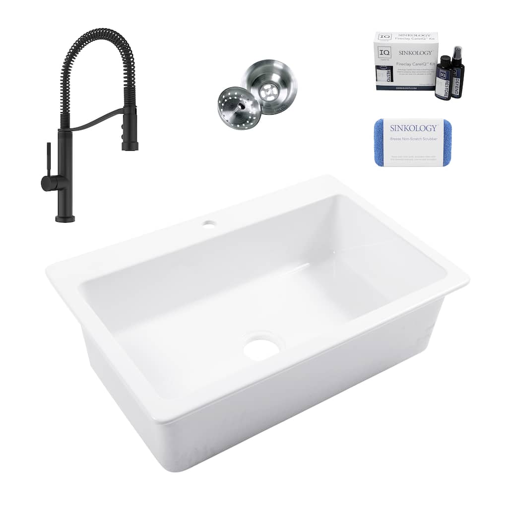 Jackson Crisp White Fireclay 33" Single Bowl Drop-In Kitchen Sink (1 Hole) with Bruton Black Faucet Kit