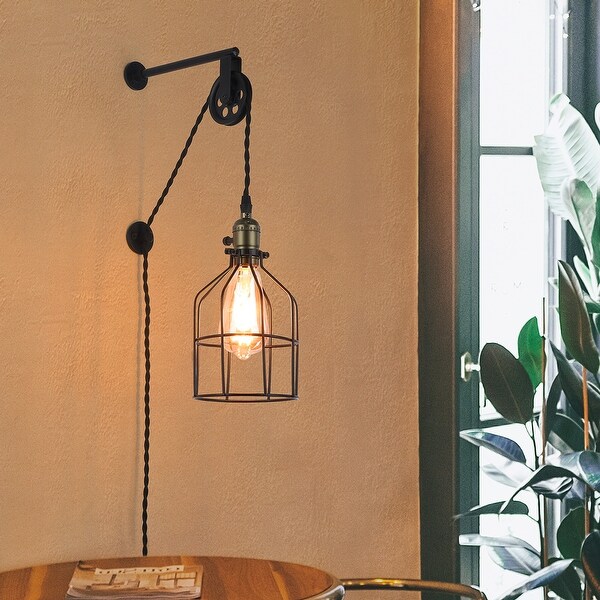 Modern Industrial Rustic Cage Wall Lamp Lift Pipe Pulley Wall Lights Fixture Retro Wall Pendent Light Plug in Cord with Wheel 12.59 9.84 LV425