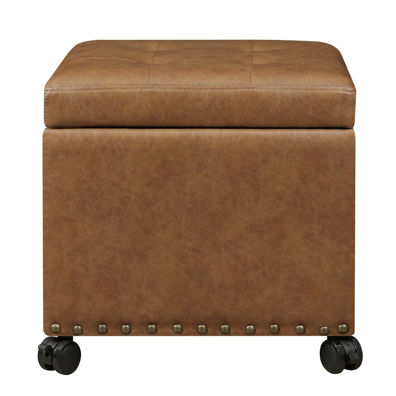 Adeco Bonded Leather Storage Ottoman Square Tufted Cube Footstool