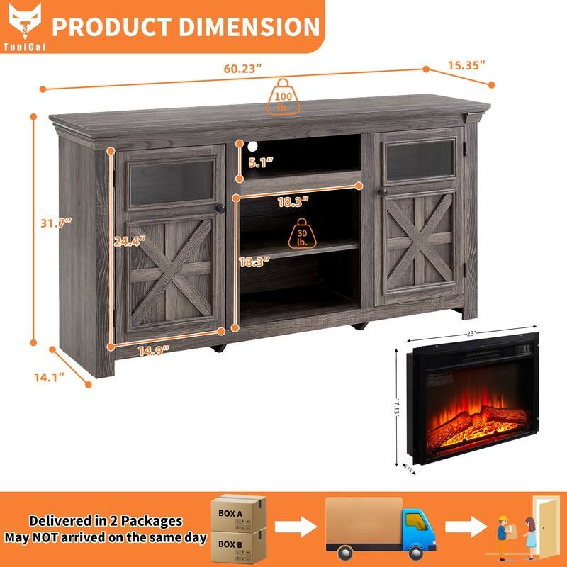 58-60" Fireplace TV Stand for 55-65" TVs w/ 18-23" Insert Farmhouse/Modern/Rustic Barn/Glass Doors Espresso/Grey/Brown/White Oak