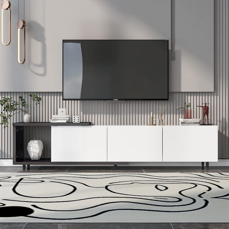 White Modern Style Extendable TV Stand with Three Drawers and Shelf for TVs Up to 80"