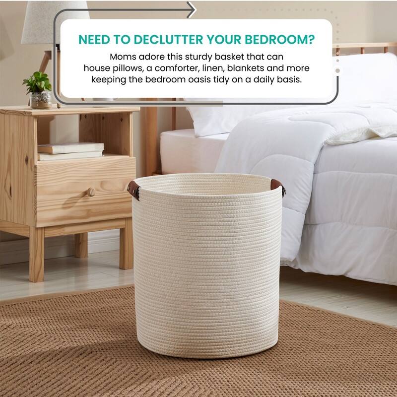 Large Cotton Rope Storage Basket Laundry Hamper Woven Basket with Leather Handles -16 x 18 - 16" x 16" x 18"