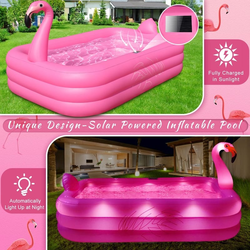 Inflatable Pool with Lights, Solar Flamingo Swimming Pool for Kids