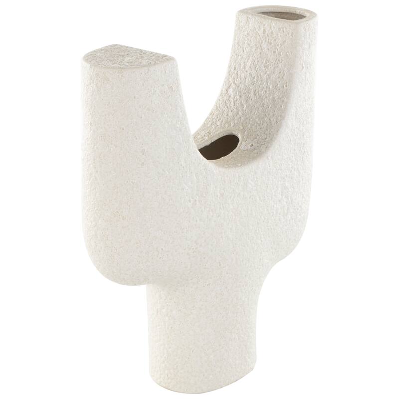 Ceramic Abstract Curved Vase with Dual Openings and Speckled Texturing - White - Roche River Decor - 5"W x 12"L x 14"H