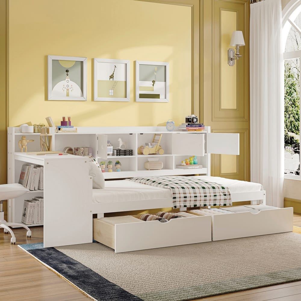 Wooden Daybed with Seven Storage Cabinets and Two Storage Drawers, Multi-functional Bed with Study Desk