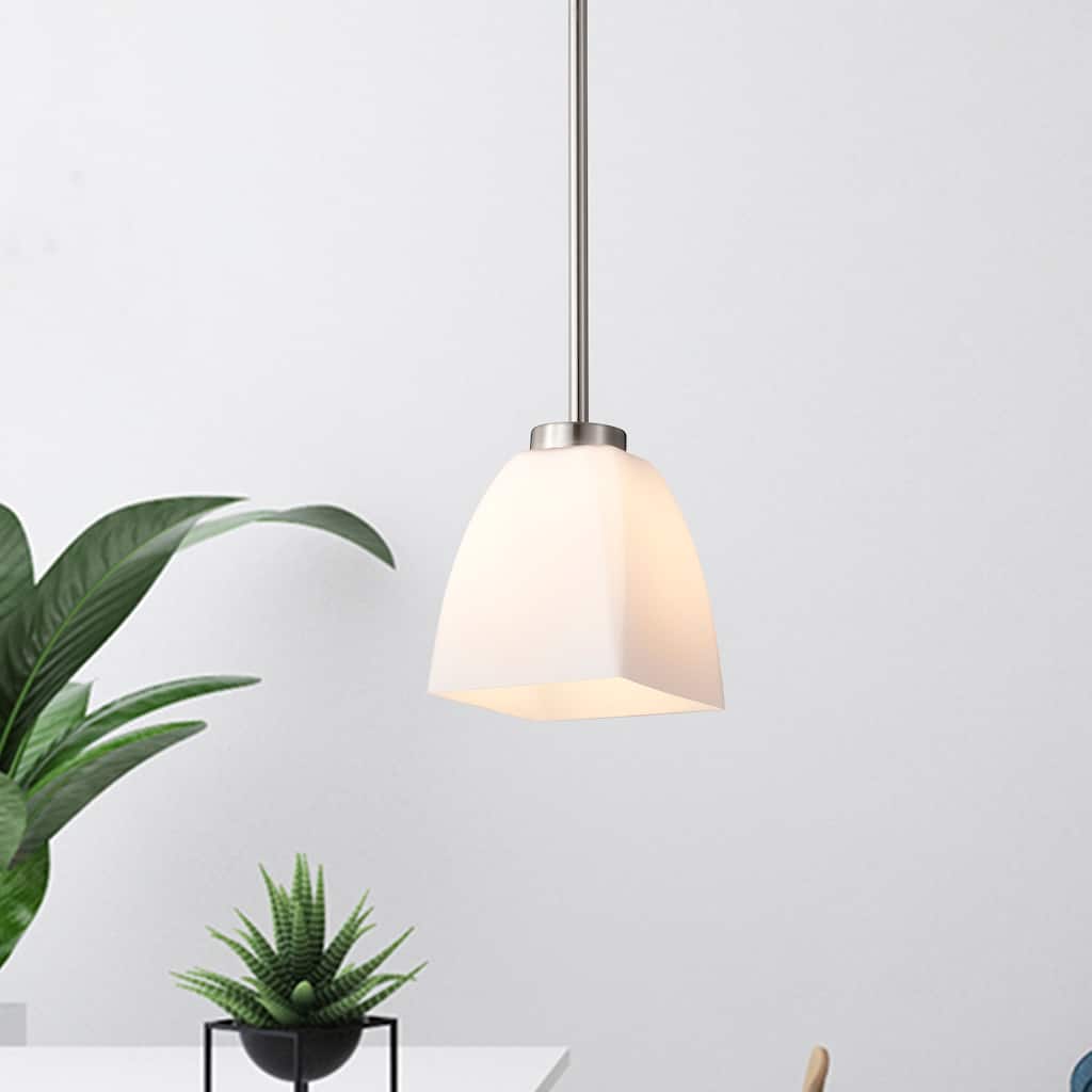 1-Light Brushed Nickel Mini Pendant with Pyramid Shaped Etched White Glass Shade