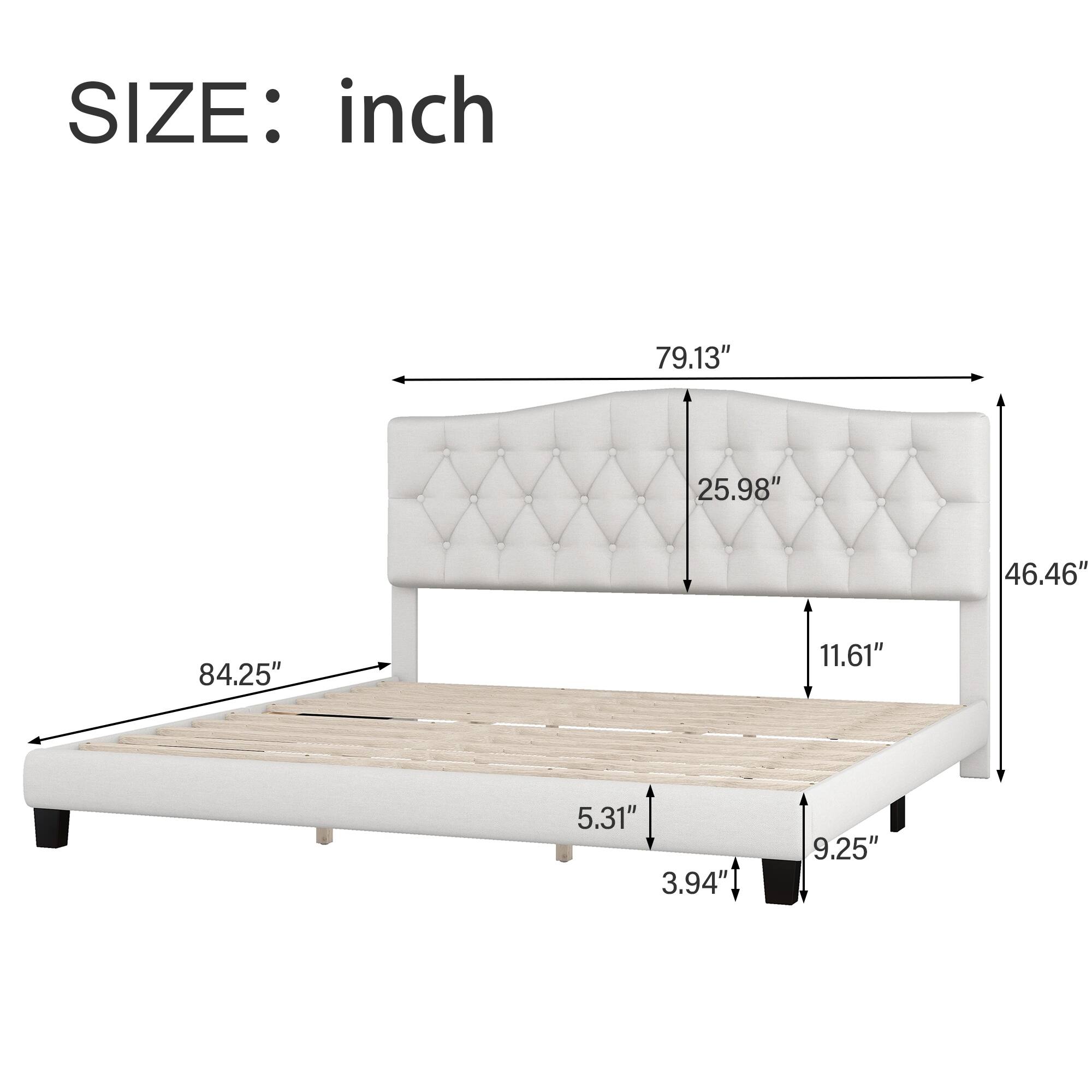 Linen King Platform Bed with Saddle Curved Headboard, Beige Bed Bath