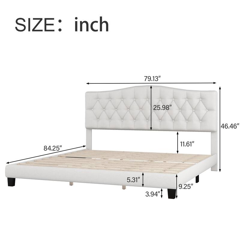 Linen Upholstered Platform Bed Frame with Saddle Curved Adjustable Headboard and Diamond Tufted Details