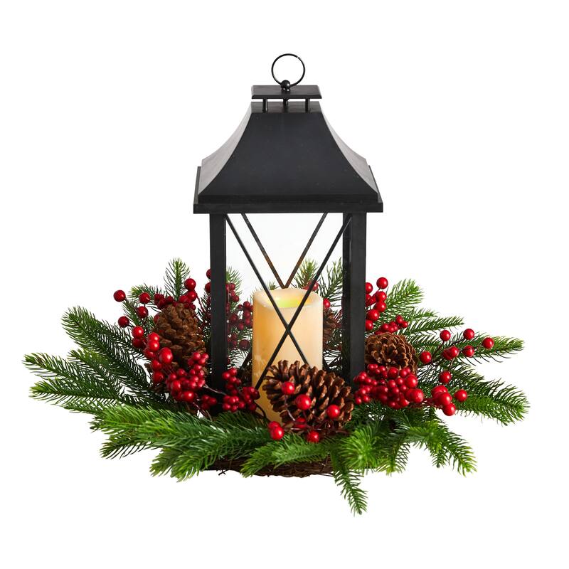 16" Holiday Christmas Berries, Pinecones and Greenery with Lantern and Included LED Candle Artificial Table Arrangement - 15