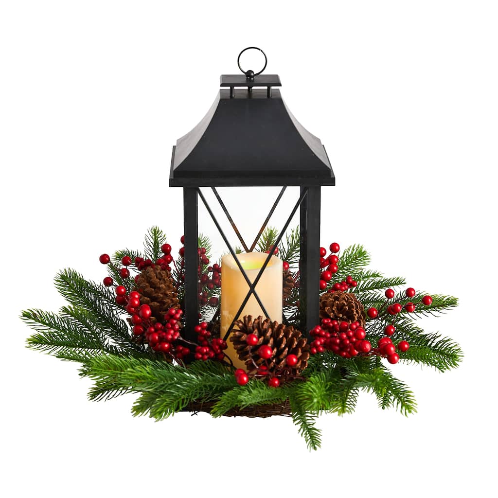 16" Holiday Christmas Berries, Pinecones and Greenery with Lantern and Included LED Candle Artificial Table Arrangement - 15