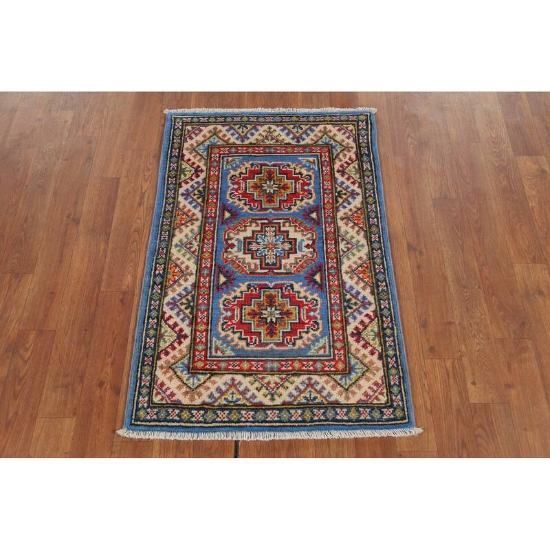Geometric Blue Kazak Oriental Accent Rug Hand-Knotted Wool Carpet - 2'1"x 2'10"