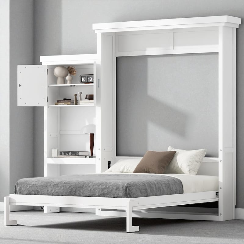 Queen Murphy Wall Bed with Storage Shelves, Louvered Design, Solid Pine/MDF, 600 lb Capacity, 8-10 in Mattress