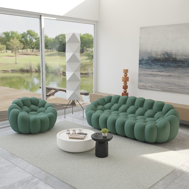 2PCS 3D Honeycomb Fabric Upholstered Bubble Sofa, 3 Seater Bubble Couch and Single Sofa for Living Room - Green
