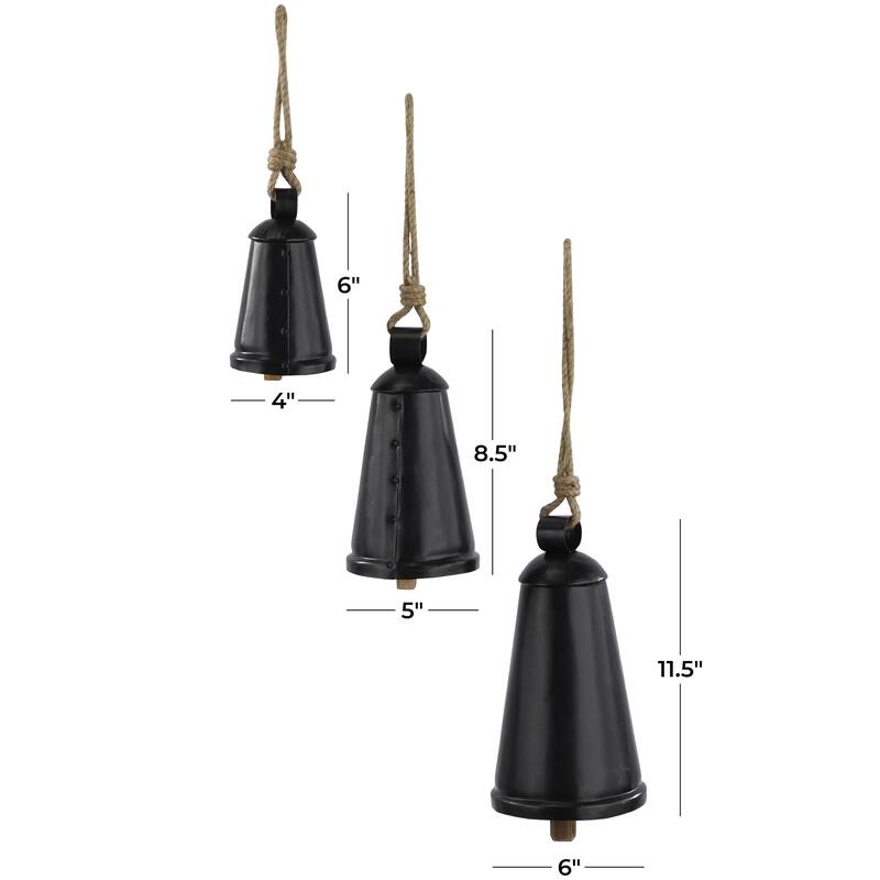 Metal Tibetan Inspired Decorative Cow Bells with Jute Hanging Rope - Set of 3 Silver, Black, Bronze, Red - Roche River Decor